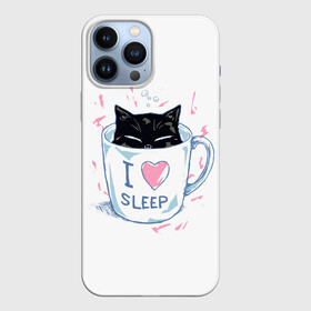 Чехол для iPhone 13 Pro Max с принтом Я Люблю Спать в Екатеринбурге,  |  | cat | cats | coffee | i | love | nekoffee | night | sleep | вечер | жарко | зима | кот | котенок | котик | котэ | котяра | котята | кофе | кошка | люблю | любовь | нежное | нежный | ночь | сон | спать | тепло | холод | холодно | я