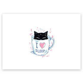 Поздравительная открытка с принтом Я Люблю Спать в Екатеринбурге, 100% бумага | плотность бумаги 280 г/м2, матовая, на обратной стороне линовка и место для марки
 | cat | cats | coffee | i | love | nekoffee | night | sleep | вечер | жарко | зима | кот | котенок | котик | котэ | котяра | котята | кофе | кошка | люблю | любовь | нежное | нежный | ночь | сон | спать | тепло | холод | холодно | я