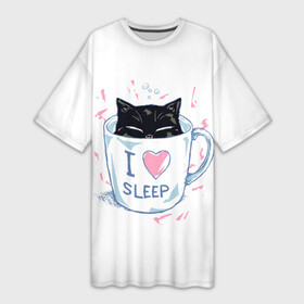 Платье-футболка 3D с принтом Я Люблю Спать в Екатеринбурге,  |  | cat | cats | coffee | i | love | nekoffee | night | sleep | вечер | жарко | зима | кот | котенок | котик | котэ | котяра | котята | кофе | кошка | люблю | любовь | нежное | нежный | ночь | сон | спать | тепло | холод | холодно | я