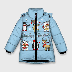 Зимняя куртка для девочек 3D с принтом С рождеством! в Екатеринбурге, ткань верха — 100% полиэстер; подклад — 100% полиэстер, утеплитель — 100% полиэстер. | длина ниже бедра, удлиненная спинка, воротник стойка и отстегивающийся капюшон. Есть боковые карманы с листочкой на кнопках, утяжки по низу изделия и внутренний карман на молнии. 

Предусмотрены светоотражающий принт на спинке, радужный светоотражающий элемент на пуллере молнии и на резинке для утяжки. | зимние праздники. | мишки | олени | пингвины | праздники | рождество | сердечки