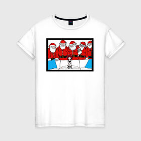 Женская футболка хлопок с принтом Santa Meme PHub в Екатеринбурге, 100% хлопок | прямой крой, круглый вырез горловины, длина до линии бедер, слегка спущенное плечо | 2020 | christmas | new year | бык | год быка | дед мороз | елка | зима | мем | новый год | подарки | рождество | санта | свитер | снег | снеговик | снежинки