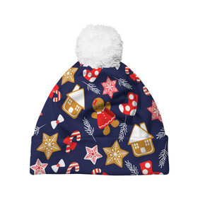 Шапка 3D c помпоном с принтом Новый Год в Екатеринбурге, 100% полиэстер | универсальный размер, печать по всей поверхности изделия | 2020 | christmas | new year | бык | год быка | дед мороз | елка | зима | новый год | подарки | рождество | санта | свитер | снег | снежинки