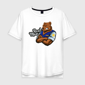 Мужская футболка хлопок Oversize с принтом Крутой медведь mr.Bear. в Екатеринбурге, 100% хлопок | свободный крой, круглый ворот, “спинка” длиннее передней части | 23 февраля | bear | real man | военный | дерзкий | клыки | крутой | медведь | милиция | мишка | мужик | мускулы | опасный | парень | прикольный | реальный | русский | сильный
