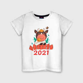 Детская футболка хлопок с принтом Довольный бык 2021 в Екатеринбурге, 100% хлопок | круглый вырез горловины, полуприлегающий силуэт, длина до линии бедер | Тематика изображения на принте: 