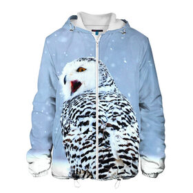 Мужская куртка 3D с принтом Зимняя птица в Екатеринбурге, ткань верха — 100% полиэстер, подклад — флис | прямой крой, подол и капюшон оформлены резинкой с фиксаторами, два кармана без застежек по бокам, один большой потайной карман на груди. Карман на груди застегивается на липучку | животные | звери | зима | зимний | зимняя | лес | природа | птица | сова