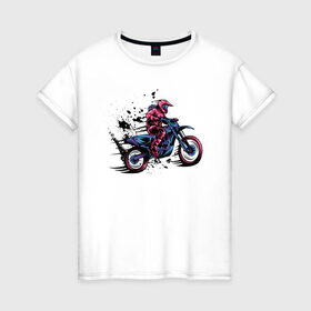 Женская футболка хлопок с принтом Мотокросс в Екатеринбурге, 100% хлопок | прямой крой, круглый вырез горловины, длина до линии бедер, слегка спущенное плечо | moto | motocross | motorcycle | мото | мотокросс | мотоцикл | мотоциклист | мотоциклисты | мотоциклы | неон | череп | шлем