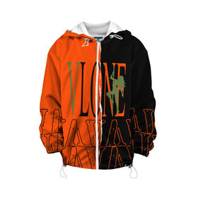 Детская куртка 3D с принтом V lone orange dark logo в Екатеринбурге, 100% полиэстер | застежка — молния, подол и капюшон оформлены резинкой с фиксаторами, по бокам — два кармана без застежек, один потайной карман на груди, плотность верхнего слоя — 90 г/м2; плотность флисового подклада — 260 г/м2 | fashion | lone | orange | rap | top | v lone | аниме