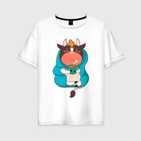 Женская футболка хлопок Oversize с принтом Бычок с чашкой кофе в Екатеринбурге, 100% хлопок | свободный крой, круглый ворот, спущенный рукав, длина до линии бедер
 | 