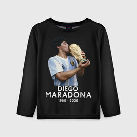 Детский лонгслив 3D с принтом Diego Maradona в Екатеринбурге, 100% полиэстер | длинные рукава, круглый вырез горловины, полуприлегающий силуэт
 | 10 | 1960 | 2020 | argentina | barcelona | diego | football | legend | leo | lionel | maradona | messi | retro | rip | soccer | аргентина | барселона | бога | диего | легенда | лионель | марадона | месси | мяч | ретро | рука | форма | футбол