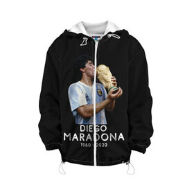 Детская куртка 3D с принтом Diego Maradona в Екатеринбурге, 100% полиэстер | застежка — молния, подол и капюшон оформлены резинкой с фиксаторами, по бокам — два кармана без застежек, один потайной карман на груди, плотность верхнего слоя — 90 г/м2; плотность флисового подклада — 260 г/м2 | 10 | 1960 | 2020 | argentina | barcelona | diego | football | legend | leo | lionel | maradona | messi | retro | rip | soccer | аргентина | барселона | бога | диего | легенда | лионель | марадона | месси | мяч | ретро | рука | форма | футбол