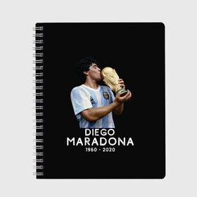 Тетрадь с принтом Diego Maradona в Екатеринбурге, 100% бумага | 48 листов, плотность листов — 60 г/м2, плотность картонной обложки — 250 г/м2. Листы скреплены сбоку удобной пружинной спиралью. Уголки страниц и обложки скругленные. Цвет линий — светло-серый
 | Тематика изображения на принте: 10 | 1960 | 2020 | argentina | barcelona | diego | football | legend | leo | lionel | maradona | messi | retro | rip | soccer | аргентина | барселона | бога | диего | легенда | лионель | марадона | месси | мяч | ретро | рука | форма | футбол