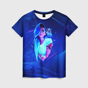 Женская футболка 3D с принтом Neon Girl в Екатеринбурге, 100% полиэфир ( синтетическое хлопкоподобное полотно) | прямой крой, круглый вырез горловины, длина до линии бедер | art | neon girl | голубые волосы девушки | девушка | неон | светящая девочка | филин
