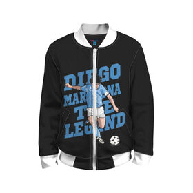 Детский бомбер 3D с принтом Diego Maradona в Екатеринбурге, 100% полиэстер | застегивается на молнию, по бокам два кармана без застежек, мягкие манжеты, по низу бомбера и на воротнике — эластичная резинка | Тематика изображения на принте: 10 | 1960 | 2020 | argentina | barcelona | diego | football | legend | leo | lionel | maradona | messi | retro | rip | soccer | аргентина | барселона | бога | диего | легенда | лионель | марадона | месси | мяч | ретро | рука | форма | футбол