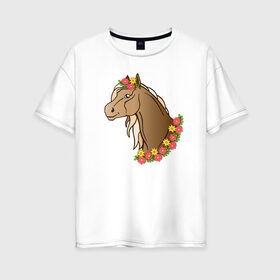 Женская футболка хлопок Oversize с принтом Лошадь в цветах в Екатеринбурге, 100% хлопок | свободный крой, круглый ворот, спущенный рукав, длина до линии бедер
 | 