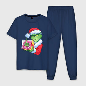 Мужская пижама хлопок с принтом Новый год. Гринч в Екатеринбурге, 100% хлопок | брюки и футболка прямого кроя, без карманов, на брюках мягкая резинка на поясе и по низу штанин
 | 2021 | гринч | новый год | подарок | рождество