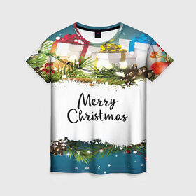 Женская футболка 3D с принтом Merry Christmas в Екатеринбурге, 100% полиэфир ( синтетическое хлопкоподобное полотно) | прямой крой, круглый вырез горловины, длина до линии бедер | 