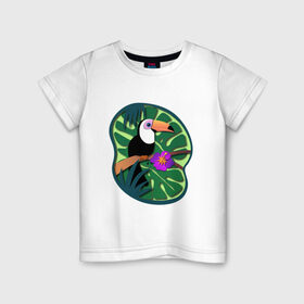 Детская футболка хлопок с принтом Тукан в Екатеринбурге, 100% хлопок | круглый вырез горловины, полуприлегающий силуэт, длина до линии бедер | лето | пальмы | природа | птицы | растения | тропики | тукан | цветы