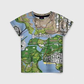 Детская футболка 3D с принтом GTA San Andreas map в Екатеринбурге, 100% гипоаллергенный полиэфир | прямой крой, круглый вырез горловины, длина до линии бедер, чуть спущенное плечо, ткань немного тянется | game | grand theft auto | gta san andreas | гта сан андреас | игра | карта | самп