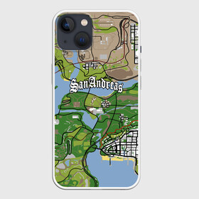 Чехол для iPhone 13 с принтом GTA San Andreas map в Екатеринбурге,  |  | game | grand theft auto | gta san andreas | гта сан андреас | игра | карта | самп