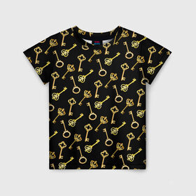Детская футболка 3D с принтом Золотые ключики в Екатеринбурге, 100% гипоаллергенный полиэфир | прямой крой, круглый вырез горловины, длина до линии бедер, чуть спущенное плечо, ткань немного тянется | gold | golden | hipster | pattern | retro | винтаж | волшебный | джаз | замок | золотистый | золото | золотой ключик | империя | классика | ключ | ключик | корона | открытие | паттерн | ретро стиль | символ | сказочный