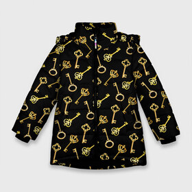Зимняя куртка для девочек 3D с принтом Золотые ключики в Екатеринбурге, ткань верха — 100% полиэстер; подклад — 100% полиэстер, утеплитель — 100% полиэстер. | длина ниже бедра, удлиненная спинка, воротник стойка и отстегивающийся капюшон. Есть боковые карманы с листочкой на кнопках, утяжки по низу изделия и внутренний карман на молнии. 

Предусмотрены светоотражающий принт на спинке, радужный светоотражающий элемент на пуллере молнии и на резинке для утяжки. | gold | golden | hipster | pattern | retro | винтаж | волшебный | джаз | замок | золотистый | золото | золотой ключик | империя | классика | ключ | ключик | корона | открытие | паттерн | ретро стиль | символ | сказочный