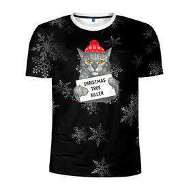 Мужская футболка 3D спортивная с принтом Новогодний кот в Екатеринбурге, 100% полиэстер с улучшенными характеристиками | приталенный силуэт, круглая горловина, широкие плечи, сужается к линии бедра | Тематика изображения на принте: 