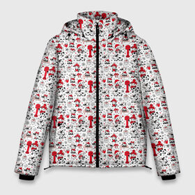 Мужская зимняя куртка 3D с принтом Фон с бычком в Екатеринбурге, верх — 100% полиэстер; подкладка — 100% полиэстер; утеплитель — 100% полиэстер | длина ниже бедра, свободный силуэт Оверсайз. Есть воротник-стойка, отстегивающийся капюшон и ветрозащитная планка. 

Боковые карманы с листочкой на кнопках и внутренний карман на молнии. | background | bull | christmas | gifts | holiday | mail | new year | snowflakes | бык | бычок | новый год | подарки | почта | праздник | рождество | снежинки | фон