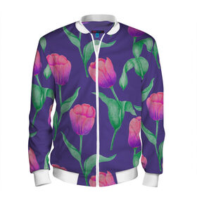 Мужской бомбер 3D с принтом Тюльпаны на фиолетовом фоне в Екатеринбурге, 100% полиэстер | застегивается на молнию, по бокам два кармана без застежек, по низу бомбера и на воротнике - эластичная резинка | зеленый | листья | любовь | паттерн | праздник | природа | растения | розовый | романтика | тюльпаны | узор | фиолетовый | цветы
