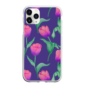 Чехол для iPhone 11 Pro Max матовый с принтом Тюльпаны на фиолетовом фоне в Екатеринбурге, Силикон |  | зеленый | листья | любовь | паттерн | праздник | природа | растения | розовый | романтика | тюльпаны | узор | фиолетовый | цветы
