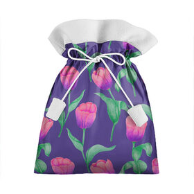 Подарочный 3D мешок с принтом Тюльпаны на фиолетовом фоне в Екатеринбурге, 100% полиэстер | Размер: 29*39 см | зеленый | листья | любовь | паттерн | праздник | природа | растения | розовый | романтика | тюльпаны | узор | фиолетовый | цветы