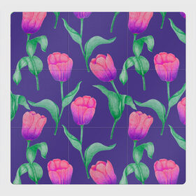 Магнитный плакат 3Х3 с принтом Тюльпаны на фиолетовом фоне в Екатеринбурге, Полимерный материал с магнитным слоем | 9 деталей размером 9*9 см | зеленый | листья | любовь | паттерн | праздник | природа | растения | розовый | романтика | тюльпаны | узор | фиолетовый | цветы