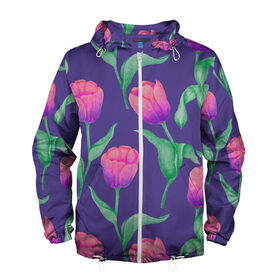 Мужская ветровка 3D с принтом Тюльпаны на фиолетовом фоне в Екатеринбурге, 100% полиэстер | подол и капюшон оформлены резинкой с фиксаторами, два кармана без застежек по бокам, один потайной карман на груди | зеленый | листья | любовь | паттерн | праздник | природа | растения | розовый | романтика | тюльпаны | узор | фиолетовый | цветы