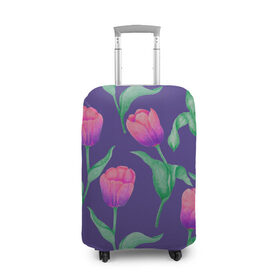 Чехол для чемодана 3D с принтом Тюльпаны на фиолетовом фоне в Екатеринбурге, 86% полиэфир, 14% спандекс | двустороннее нанесение принта, прорези для ручек и колес | зеленый | листья | любовь | паттерн | праздник | природа | растения | розовый | романтика | тюльпаны | узор | фиолетовый | цветы