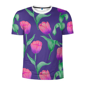 Мужская футболка 3D спортивная с принтом Тюльпаны на фиолетовом фоне в Екатеринбурге, 100% полиэстер с улучшенными характеристиками | приталенный силуэт, круглая горловина, широкие плечи, сужается к линии бедра | Тематика изображения на принте: зеленый | листья | любовь | паттерн | праздник | природа | растения | розовый | романтика | тюльпаны | узор | фиолетовый | цветы