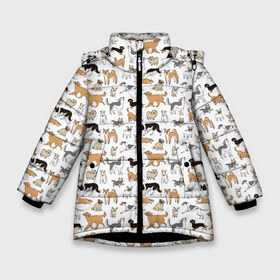 Зимняя куртка для девочек 3D с принтом Узор собаки много в Екатеринбурге, ткань верха — 100% полиэстер; подклад — 100% полиэстер, утеплитель — 100% полиэстер. | длина ниже бедра, удлиненная спинка, воротник стойка и отстегивающийся капюшон. Есть боковые карманы с листочкой на кнопках, утяжки по низу изделия и внутренний карман на молнии. 

Предусмотрены светоотражающий принт на спинке, радужный светоотражающий элемент на пуллере молнии и на резинке для утяжки. | гав | детский | домашнее животное | животный | звери | команды | лапы | любителю животных | морды | песель | песик | псы | собаки | собачка | узор | хвост | шаблон | щенки