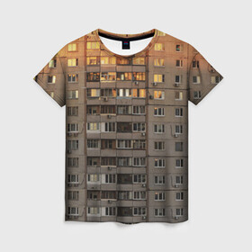 Женская футболка 3D с принтом Панелька в Екатеринбурге, 100% полиэфир ( синтетическое хлопкоподобное полотно) | прямой крой, круглый вырез горловины, длина до линии бедер | архитектура | грусть | здание | панелька | панельный дом | россия | советский | ссср | фото | эстетика