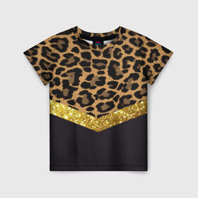 Детская футболка 3D с принтом Леопардовый принт в Екатеринбурге, 100% гипоаллергенный полиэфир | прямой крой, круглый вырез горловины, длина до линии бедер, чуть спущенное плечо, ткань немного тянется | Тематика изображения на принте: success | swagg | блеск | блестки | животнй принт | золотистый | золото | золотой | леопард | леопардовый принт | понты | тигровый