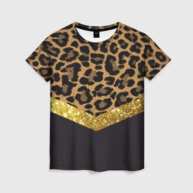 Женская футболка 3D с принтом Леопардовый принт в Екатеринбурге, 100% полиэфир ( синтетическое хлопкоподобное полотно) | прямой крой, круглый вырез горловины, длина до линии бедер | success | swagg | блеск | блестки | животнй принт | золотистый | золото | золотой | леопард | леопардовый принт | понты | тигровый