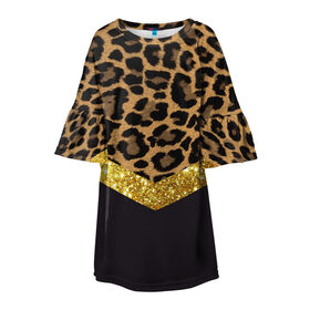 Детское платье 3D с принтом Леопардовый принт в Екатеринбурге, 100% полиэстер | прямой силуэт, чуть расширенный к низу. Круглая горловина, на рукавах — воланы | Тематика изображения на принте: success | swagg | блеск | блестки | животнй принт | золотистый | золото | золотой | леопард | леопардовый принт | понты | тигровый