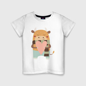 Детская футболка хлопок с принтом Милый бычок с сердечком в Екатеринбурге, 100% хлопок | круглый вырез горловины, полуприлегающий силуэт, длина до линии бедер | 