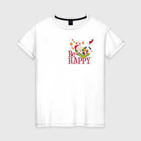 Женская футболка хлопок с принтом Be happy в Екатеринбурге, 100% хлопок | прямой крой, круглый вырез горловины, длина до линии бедер, слегка спущенное плечо | daffy | duck | looney | pig | porky | tunes | vdzajul | дак | даффи | пиг | порки