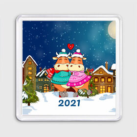 Магнит 55*55 с принтом Влюбленные бык и корова 2021 в Екатеринбурге, Пластик | Размер: 65*65 мм; Размер печати: 55*55 мм | 2021 | 7 января | bull | newyear | santa | бык | быки | бычок | год быка | дед мороз | корова | новогодние каникулы | новогодние праздники | новый 2021 | новый год | новый год 2021 | рождество | сани | санта | санта клаус
