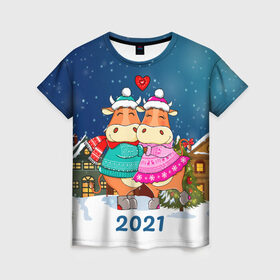Женская футболка 3D с принтом Влюбленные бык и корова 2021 в Екатеринбурге, 100% полиэфир ( синтетическое хлопкоподобное полотно) | прямой крой, круглый вырез горловины, длина до линии бедер | 2021 | 7 января | bull | newyear | santa | бык | быки | бычок | год быка | дед мороз | корова | новогодние каникулы | новогодние праздники | новый 2021 | новый год | новый год 2021 | рождество | сани | санта | санта клаус