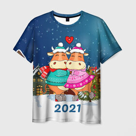 Мужская футболка 3D с принтом Влюбленные бык и корова 2021 в Екатеринбурге, 100% полиэфир | прямой крой, круглый вырез горловины, длина до линии бедер | 2021 | 7 января | bull | newyear | santa | бык | быки | бычок | год быка | дед мороз | корова | новогодние каникулы | новогодние праздники | новый 2021 | новый год | новый год 2021 | рождество | сани | санта | санта клаус