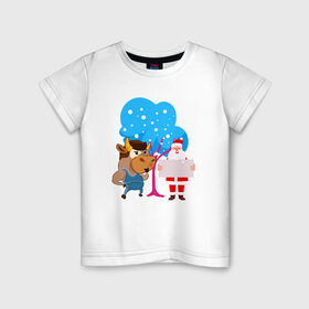 Детская футболка хлопок с принтом Санта и бык Новый год 2021 в Екатеринбурге, 100% хлопок | круглый вырез горловины, полуприлегающий силуэт, длина до линии бедер | Тематика изображения на принте: 