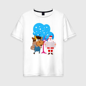 Женская футболка хлопок Oversize с принтом Санта и бык Новый год 2021 в Екатеринбурге, 100% хлопок | свободный крой, круглый ворот, спущенный рукав, длина до линии бедер
 | 