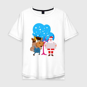Мужская футболка хлопок Oversize с принтом Санта и бык Новый год 2021 в Екатеринбурге, 100% хлопок | свободный крой, круглый ворот, “спинка” длиннее передней части | 
