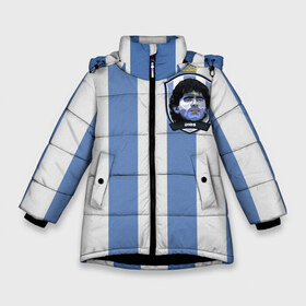 Зимняя куртка для девочек 3D с принтом Диего Армандо Марадона D10S в Екатеринбурге, ткань верха — 100% полиэстер; подклад — 100% полиэстер, утеплитель — 100% полиэстер. | длина ниже бедра, удлиненная спинка, воротник стойка и отстегивающийся капюшон. Есть боковые карманы с листочкой на кнопках, утяжки по низу изделия и внутренний карман на молнии. 

Предусмотрены светоотражающий принт на спинке, радужный светоотражающий элемент на пуллере молнии и на резинке для утяжки. | Тематика изображения на принте: d10s | maradona | аргентина | армандо | барселона | бога | джерси | диего | легенда | марадон | марадона | марадоны | рука | форма