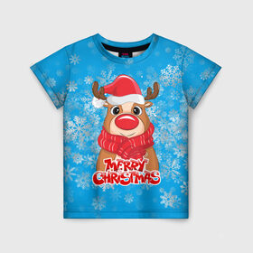 Детская футболка 3D с принтом НОВОГОДНИЙ ОЛЕНЬ в Екатеринбурге, 100% гипоаллергенный полиэфир | прямой крой, круглый вырез горловины, длина до линии бедер, чуть спущенное плечо, ткань немного тянется | 31 декабря | christmas | merry christmas | зима | новогодний олень | новый год | олень | подарок | праздник | рождество | с новым годом | снег | снежинки | счастливого рождества