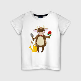 Детская футболка хлопок с принтом Бык садовникГод быка 2021 в Екатеринбурге, 100% хлопок | круглый вырез горловины, полуприлегающий силуэт, длина до линии бедер | Тематика изображения на принте: 